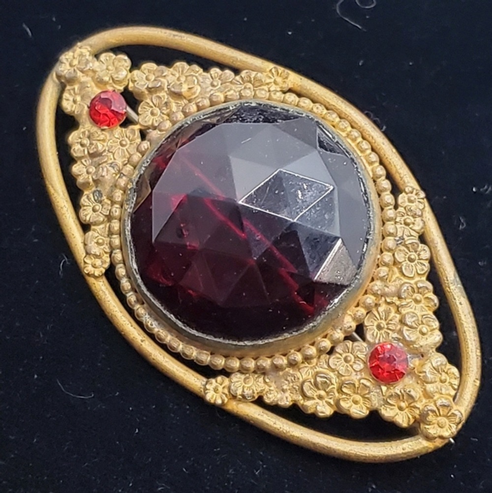 Antique Floral Domed Red Glass Sash Pin Brass 1920s Nouveau Bohemian
